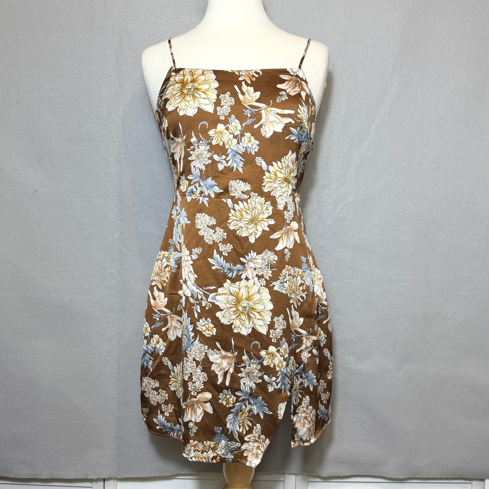 Lyn Burches Floral‎ Satin Mini Slip Dress Womens Size L Boho Coquette Feminine